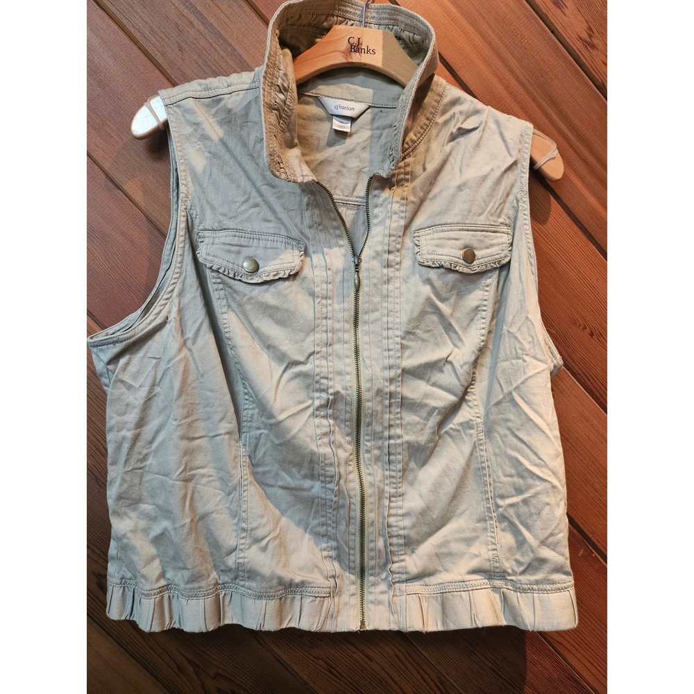 CJ Banks Khaki Tan Utility Vest Zip Front Ruffle Hem Sleeveless Jacket Size 2X